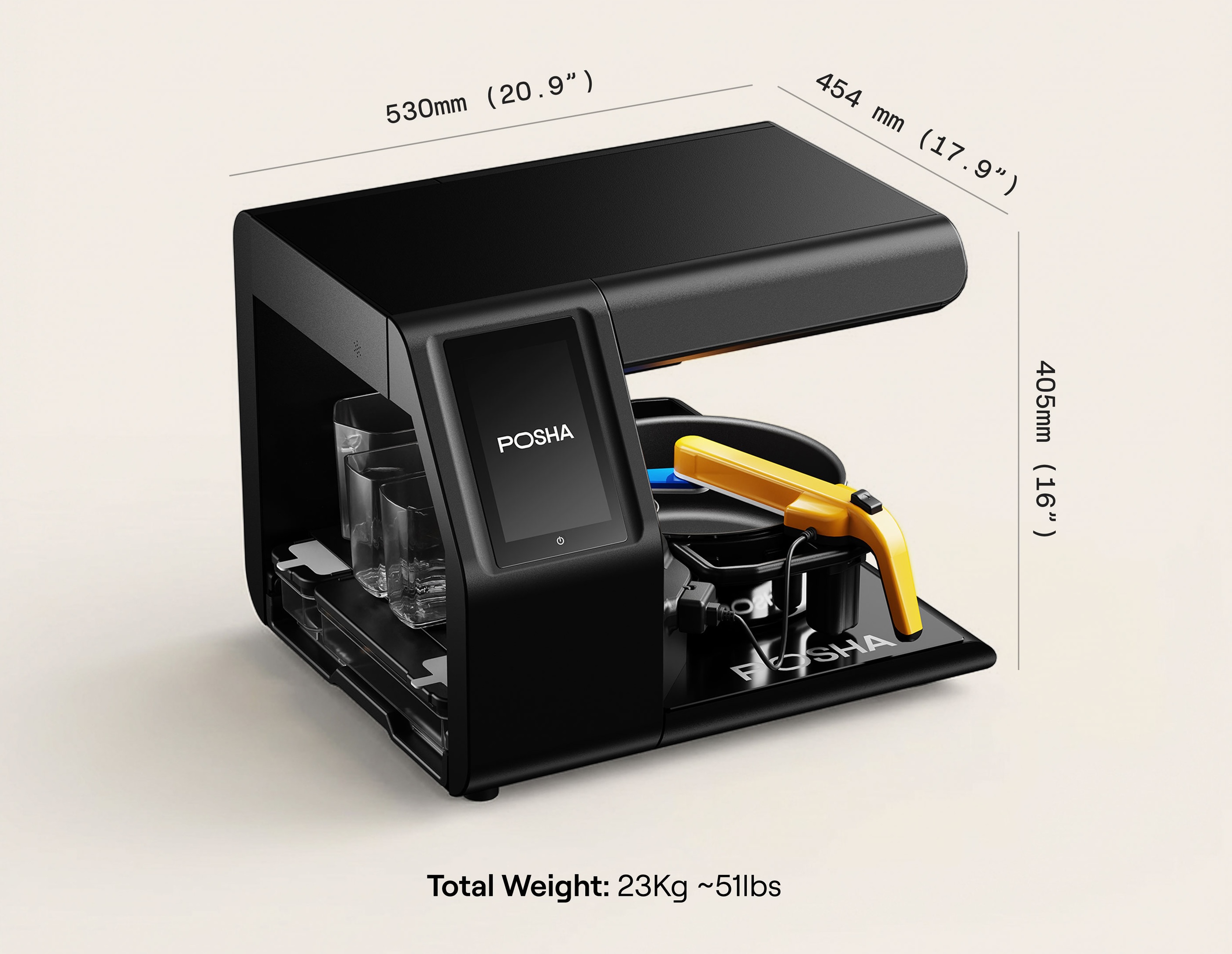 Dimensions: Height&nbsp;— 16" (405 mm) Width&nbsp;— 20.9" (530 mm) Depth&nbsp;— 17.9" (454 mm) | Weight: 20 kg (44.1 lb) Device only 23 kg (50.7 lb) with pan, stirrer & containers
